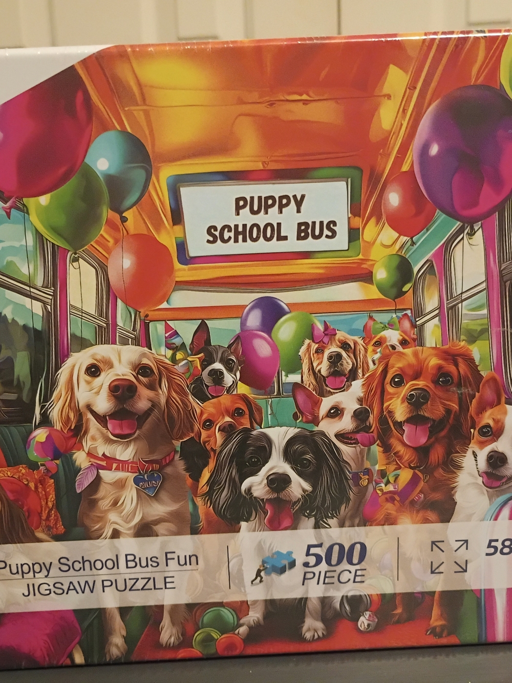 Jigsaw Puppy School Bus Puzzle - Bright Multicolor Dogs & Balloons Adult